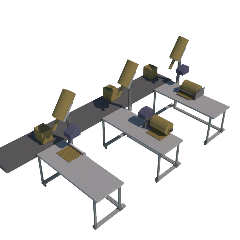 Custom packing station installation with dispensers and conveyor